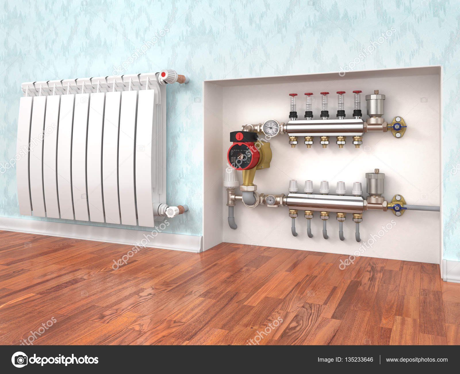 Heating concept. Underfloor heating with collector in the room. ⬇ Stock Photo, Image by