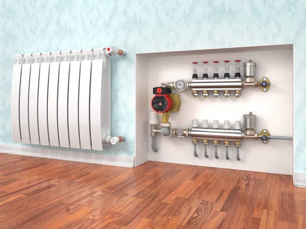 Concepto de calefacción. Calefacción por suelo radiante con colector en la habitación . —  Fotos de Stock