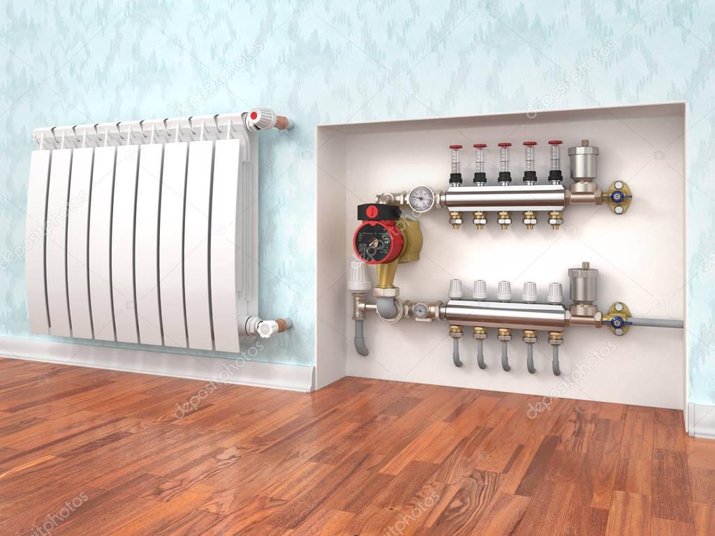 Heating concept. Underfloor heating with collector in the room. 