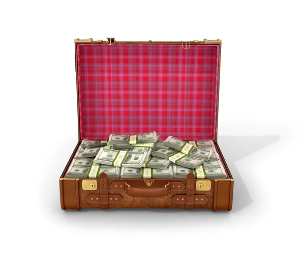 Βαλίτσα δερμάτινη με δέσμες των λογαριασμών του δολαρίου στις λευκές backgroun — Φωτογραφία Αρχείου
