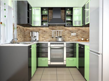 siyah ve yeşil co modern mutfak iç 3D çizimi