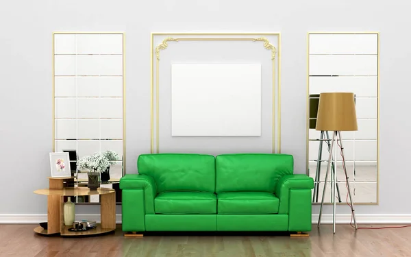 Sofá verde contra la pared con decoración y lienzo blanco en blanco en — Foto de Stock