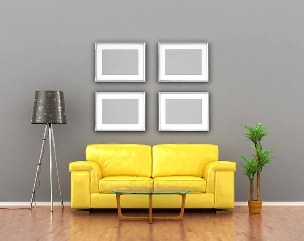 Images vierges sur le mur gris pèsent sur le canapé jaune. 3D i — Photo