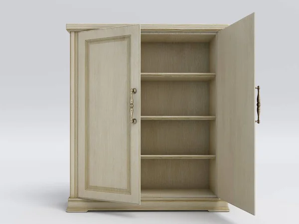 Wood big white open cupboard; 3d illustration — Stock Photo, Image