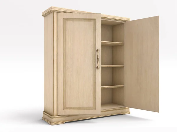 Wood big white open cupboard; 3d illustration — Stock Photo, Image