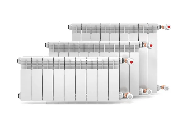 Três radiadores de aquecimento isolados sobre fundo branco. 3d illustr — Fotografia de Stock