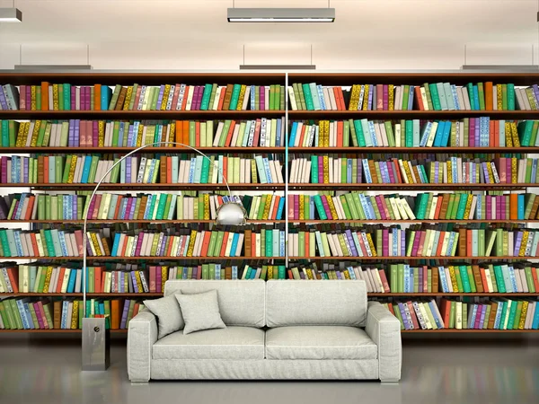 Bright and modern books on the shelves in the library, a comfort — Stock Photo, Image