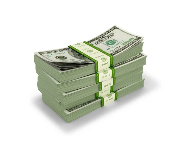 Pacotes de dinheiro num fundo branco, um maço de dólares. Il 3D — Fotografia de Stock