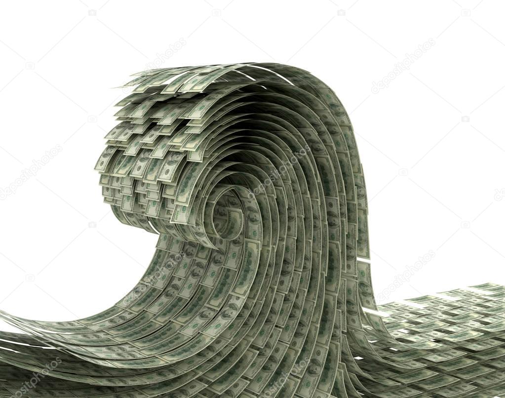 The wave of money on a white background. Wave dollars. 3D illust