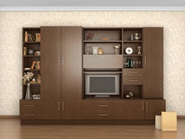 big cupboard closed in interior with things; 3d illustration  clipart