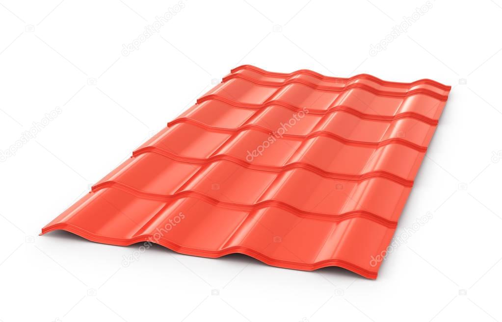 Red corrugated tile element of roof. Isolated on white backgroun