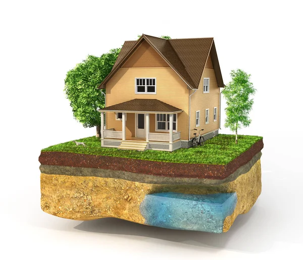 Concept of home. House in the grass on a piece of earth isolated — Stock Photo, Image