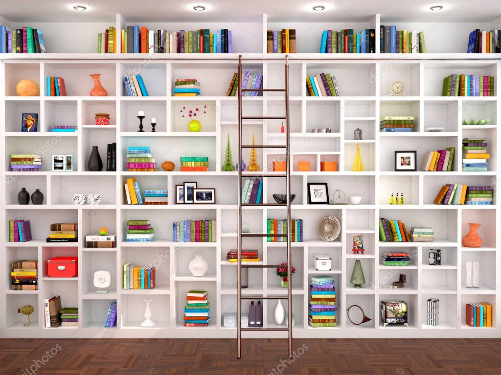 3d illustration of White shelves in the interior with various ob