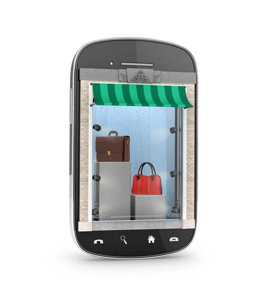 Tassen en kledingaccessoires in de mobiele telefoon winkel. De conc — Stockfoto