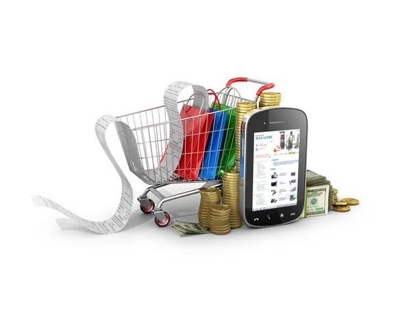 The concept of buying over the Internet. Supermarket trolley wit — Stock Photo, Image