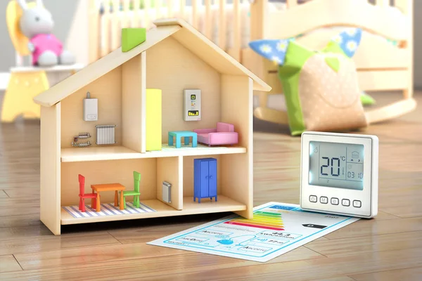 Conceito de aquecimento. Casa de brinquedo infantil com sistema de aquecimento radiante — Fotografia de Stock