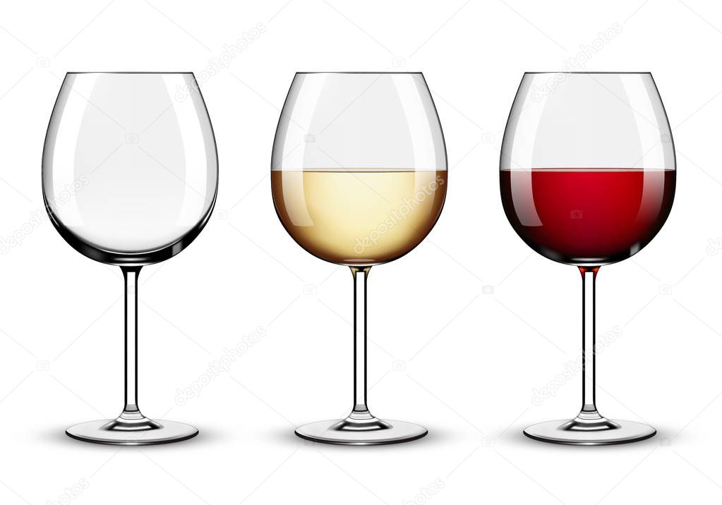 Wine glasses - empty, red wine and white wine