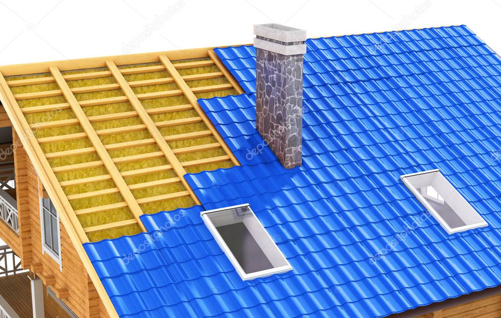  Roof in cut. The demonstration roof insulation. 3D illustration