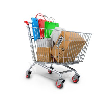 Alışveriş sepeti kutular ve Çantalar üzerinde beyaz arka plan ile. 3D illust