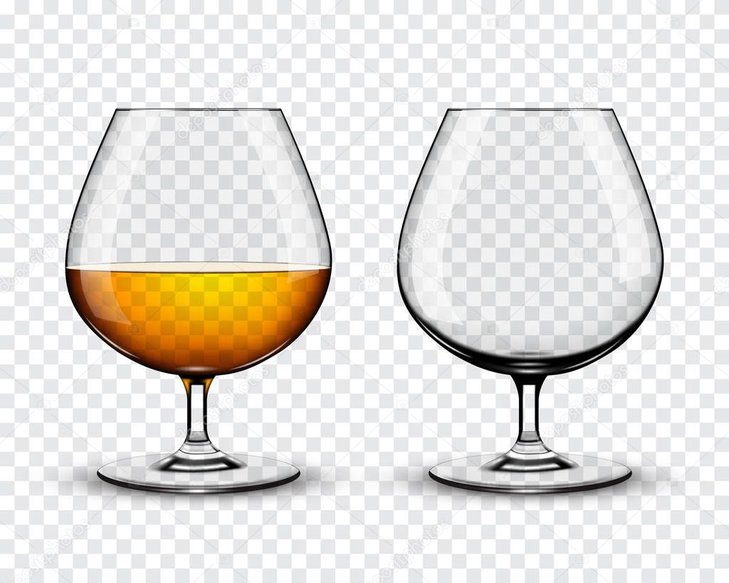 Two brandy glasses (empty and with alcohol) isolated on transpar
