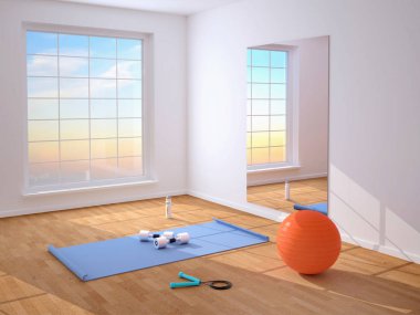 Fitness eğitimi. Mat, top, ip atlama, halter.