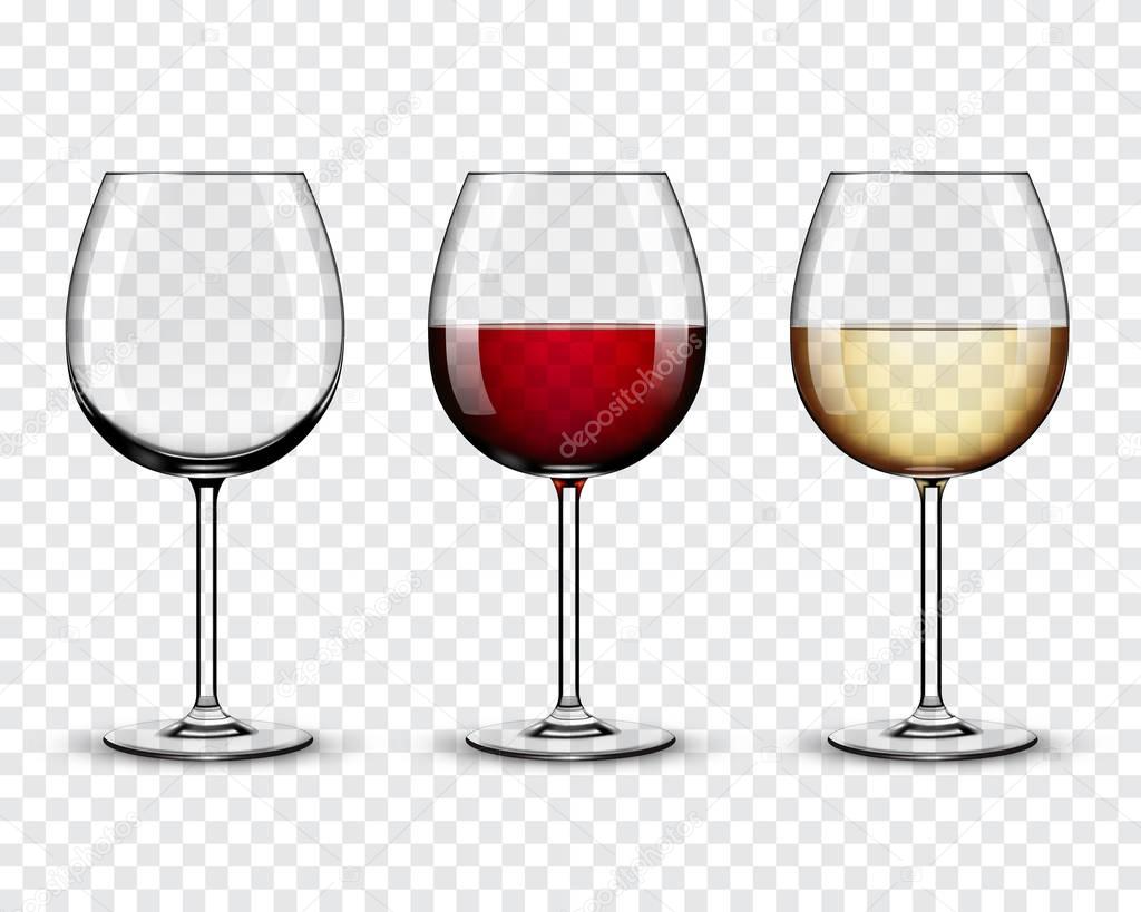 Set transparent vector wine glasses empty, with white and red wi