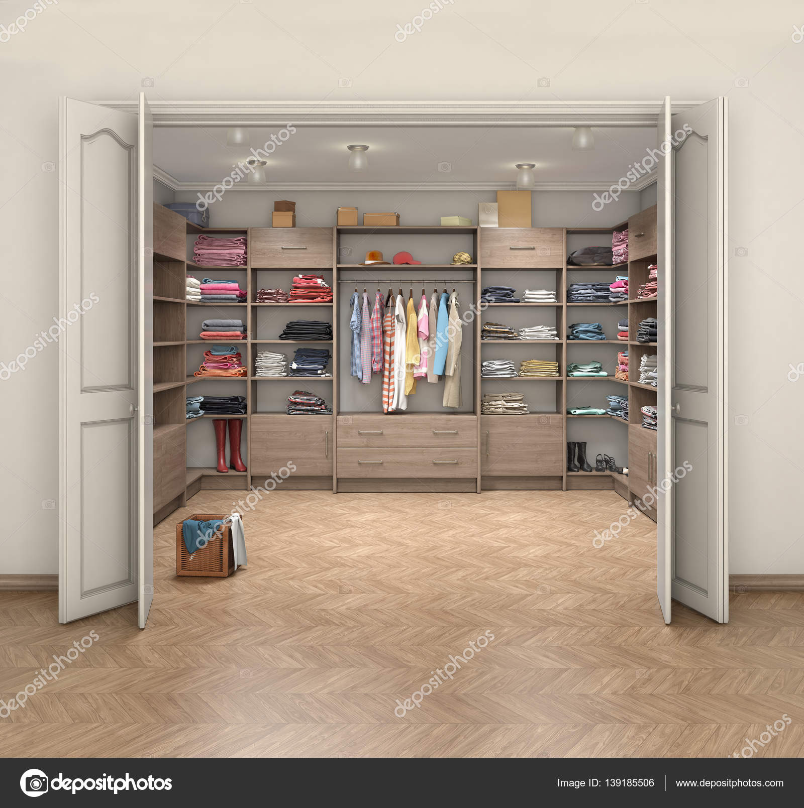 Interior and big closet with dressing room, 3d illustration Stock