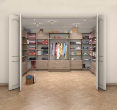  iç ve büyük dolap soyunma odası, 3d çizim ile 