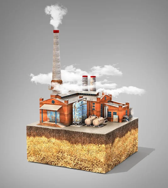 Έννοια της ρύπανσης. Εργοστάσιο στέκεται σε εγκάρσια τομή εδάφους. — Φωτογραφία Αρχείου