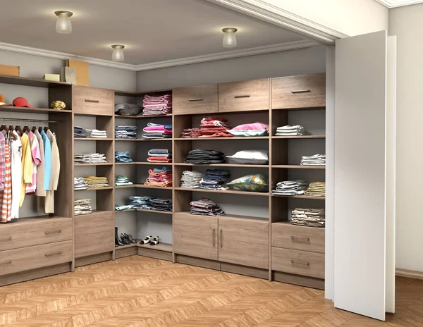 Big dressing room with clothes, 3d illustration — Stock Photo, Image