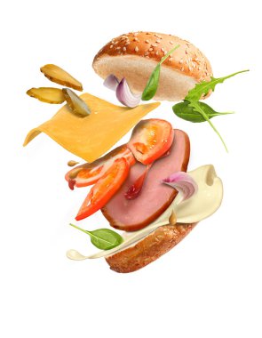 Beyaz bir arka plan üzerinde malzemelerle Burger