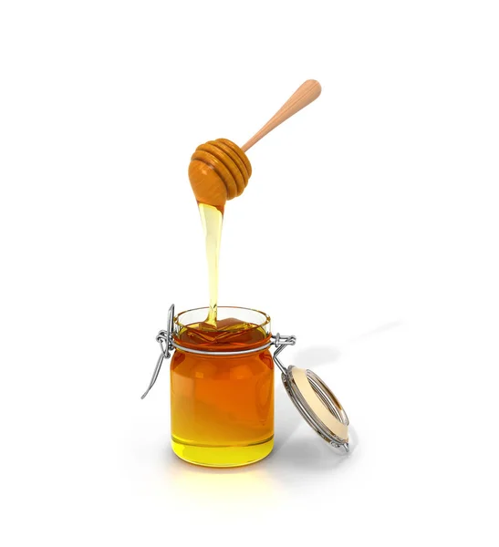 Miel sobre un fondo blanco. La miel está goteando con trozos de madera —  Fotos de Stock