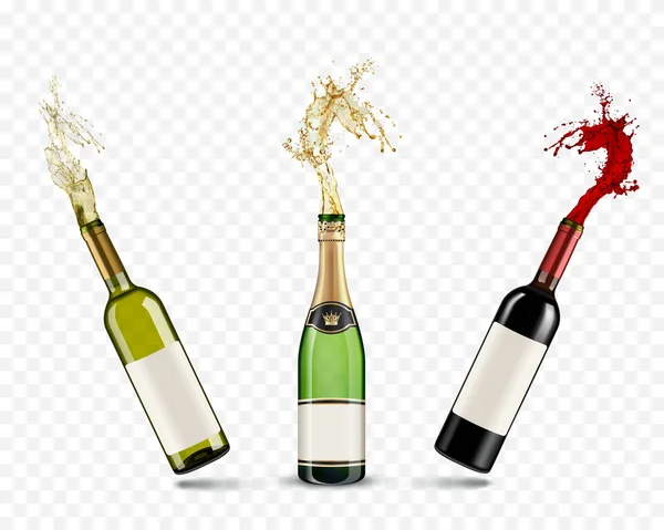 Vector bottles of Champagne and wine splash on transparent backg — Stock Vector