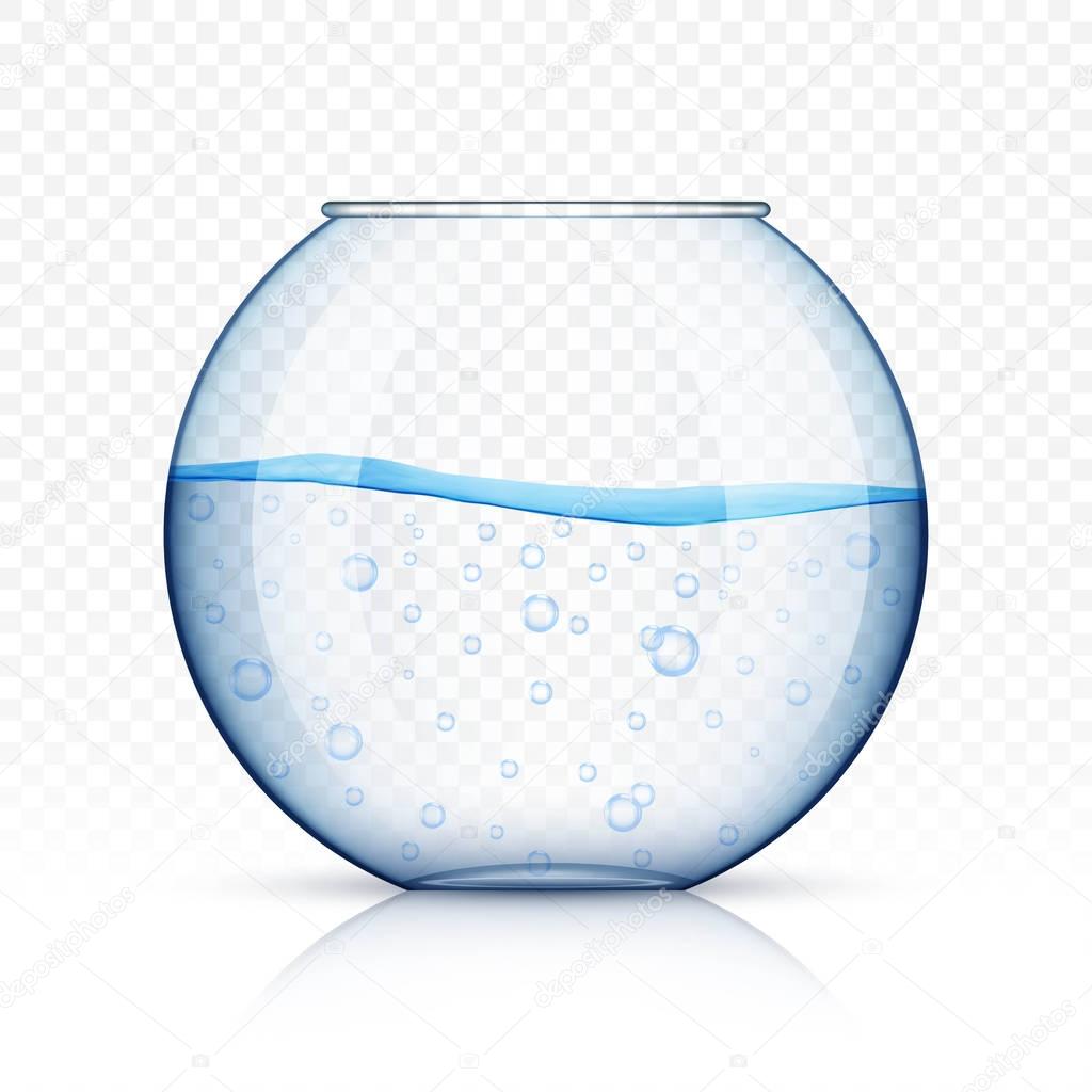 Realistic glass fish bowl, aquarium with water on transparent ba