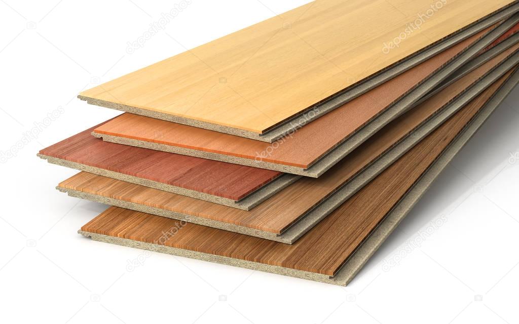 Stack of wooden laminate parquet on a white background, 3d illus