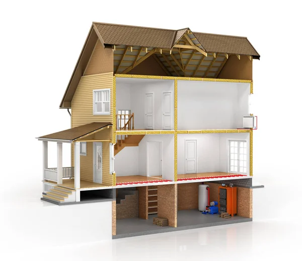 Konzept des Designs. geschnittenes Haus mit isolierten Heizschichten — Stockfoto