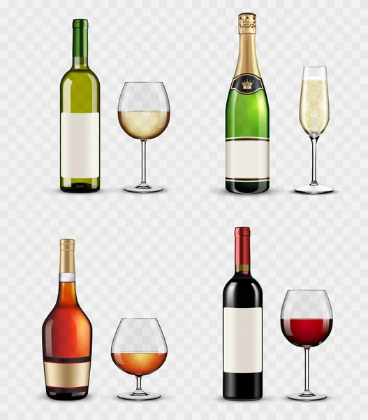 Různé sklenice a láhve alkoholu na průhledném pozadí — Stockový vektor