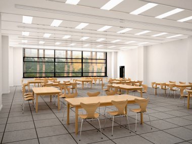 Modern yemek odası büyük bir pencere ile. Ahşap masa ve sandalyeler