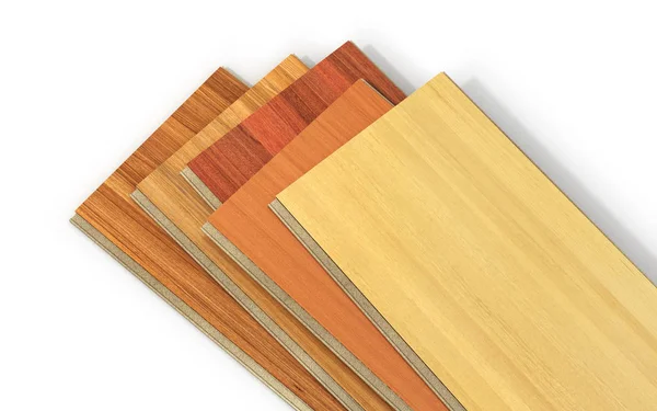 Stack of wooden laminate parquet on a white background, 3d illus — Stock Photo, Image