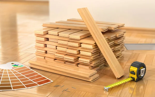 Stack of parquet. Timberwork, lumber work and woodwork industry — Stock Photo, Image