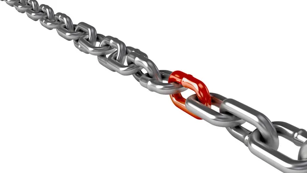 Chrome chain with a red link on white background — Stock Photo, Image