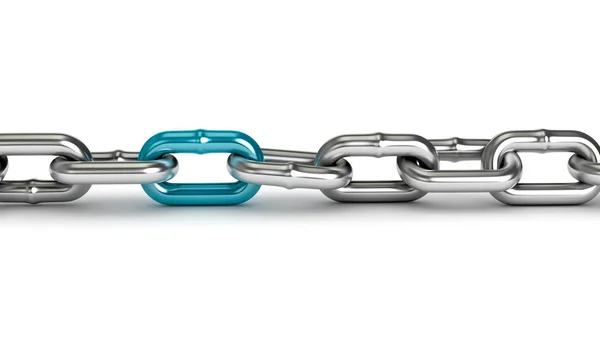 Chrome chain with a blue link on white background — Stock Photo, Image