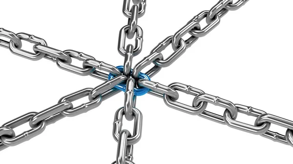 Chain with blue central link, white background — Stock Photo, Image