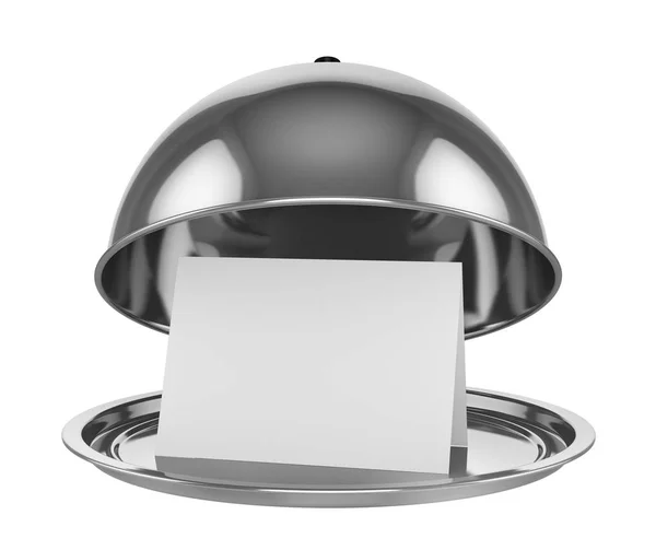 Restaurant cloche with paper template on white background. 3d il — Stock Photo, Image