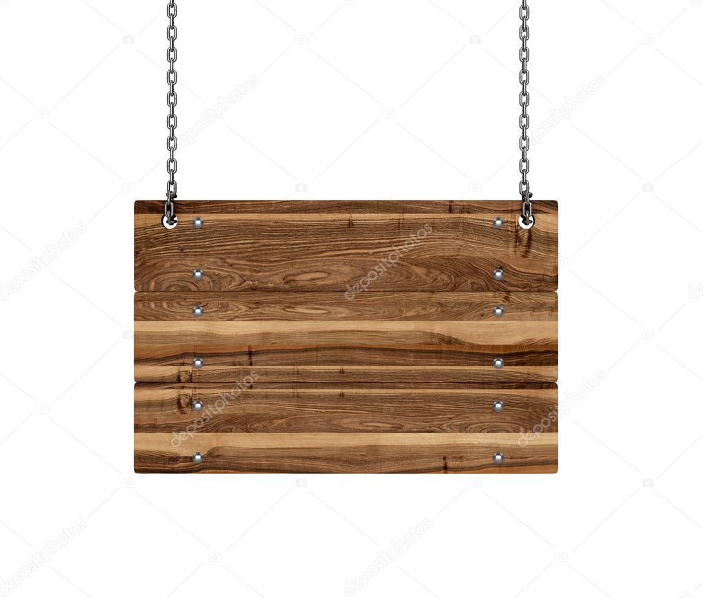 Wood sign hanging from a chain