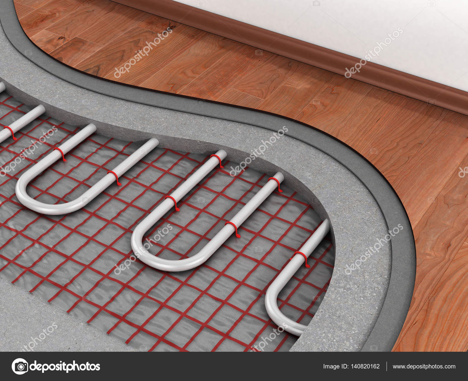 Floor heating system. We see layers of insulation for heating. Stock