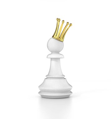 Beyaz altın bir taç beyaz izole piyon. 3D çizim