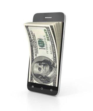 E-para kavramı. Smartphone ile ekrana gelen para. 3D çizim