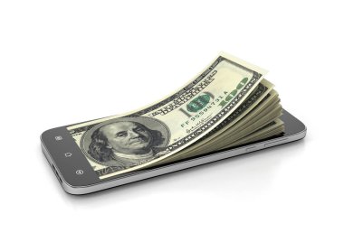 E-para kavramı. Smartphone ile ekrana gelen para. 3D illus