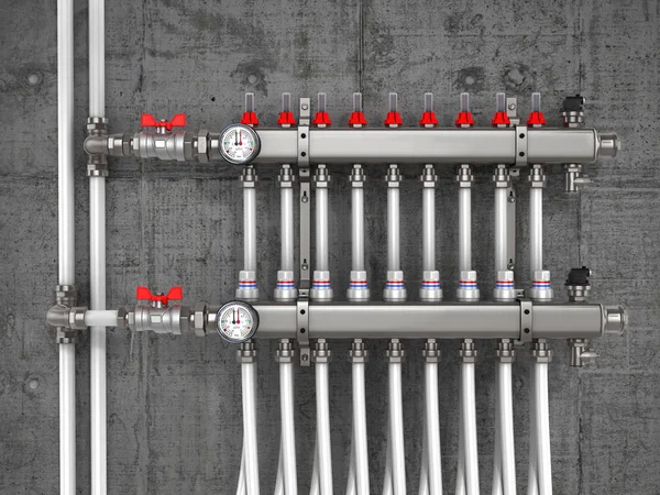 Sběratel, potrubí, topný systém pro podlahové vytápění na th — Stock fotografie